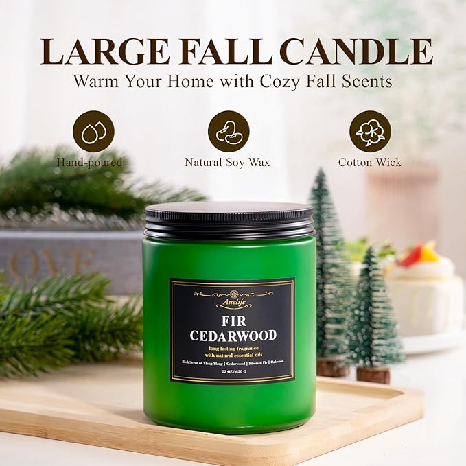 Auelife Fir & Cedarwood Scented Candle – 22oz Large 3-Wick Soy Candles, Long Lasting Winter Aromatherapy Candles, Woodsy Christmas Candle, Holiday Gift for Women & Men