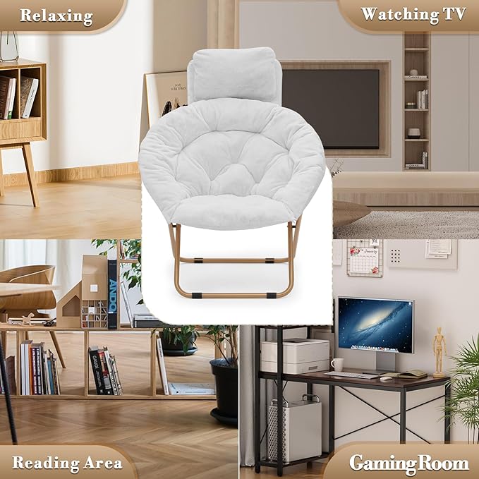 Athena Collection Comfy Saucer Chair with Headrest Oversize Round Cozy Chair Folding Chair Faux Fur Metal Frame Foldable Reading Chair Accent Chair for Bedroom Living Room Set of 2, White