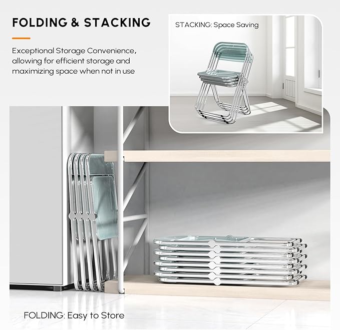 VINGLI Acrylic Folding Chairs 2 Pack, Clear Chair Foldable and Stackable, Plastic Panel & Metal Chrome Frame, Weight Capacity 350 lbs, Blue Green