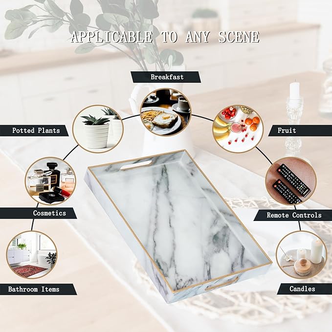 Serving Tray, Marble Plastic Food Trays for Eating on Lap Decor Coffee Tray with Handles Rectangular Non-Slip Candle Plate, 15.7"x11.8"x1.6" Large Drinks Platter for Kitchen/Living Room/Bedroom