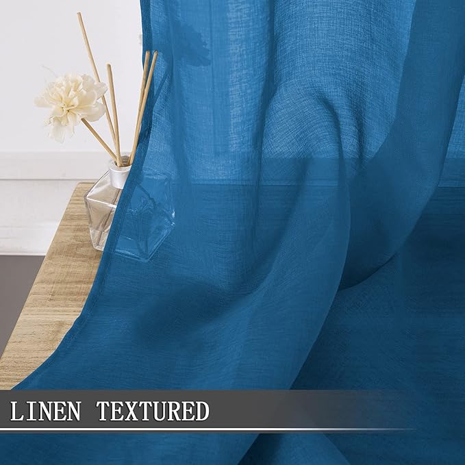 Tollpiz Sheer Curtains Linen Textured Bedroom Curtain Sheers Light Filtering Rod Pocket Voile Curtains for Living Room, 54 x 84 inches Long, Classic Blue, Set of 2 Panels