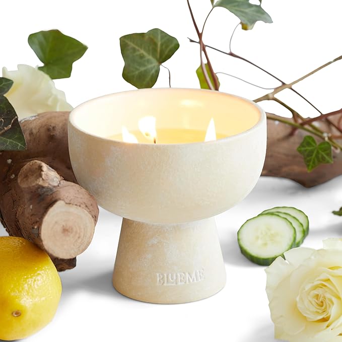 BLUEME Ivy & Rose, Luxury Candle w/Essential Oils, 3 Wick, Hand-Poured Soy, Cotton Wick, Ceramic