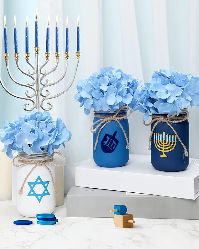 Nefelibata Hanukkah Mason Jar Floral Arrangement Table Centerpiece Hanukkah Home Decor Hanukkah Tiered Tray Decor with Faux Plants Artificial Blue Flowers Set of 3