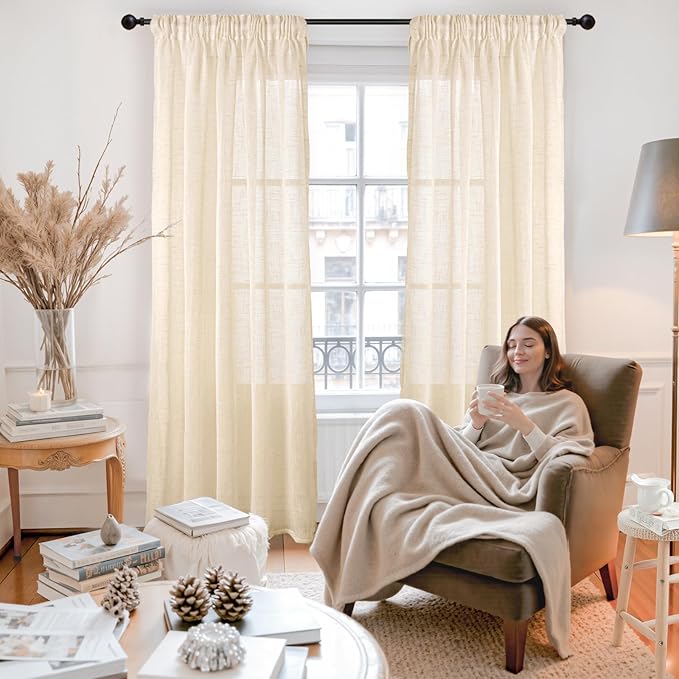 YoungsTex Champagne Linen Semi Sheer Curtains 72 Inch Length for Living Room, Light Filtering Textured Window Treatments Rustic with Rod Pocket Back Tab for Bedroom Dining, 2 Panels, 52 X 72 Inch