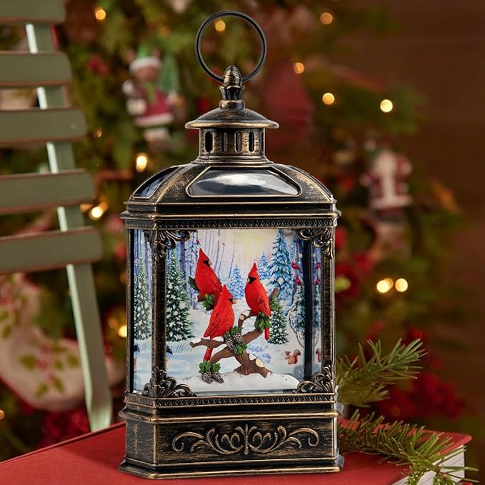 Christmas Snow Globe Lantern 3 Cardinal Perched on a Branch Musical Snow Globe with Swirling Glitter, Christmas Holiday Party Gifts and Decorations