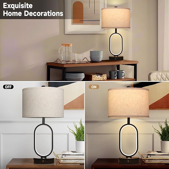 Farmhouse Table Lamps Set of 2, Built-in Dimmable Night Light Bedside Lamps, Table Lamps for Night Stands with USB Charging Ports, Bedroom Lamps for Nightstand, LED Bulbs Included