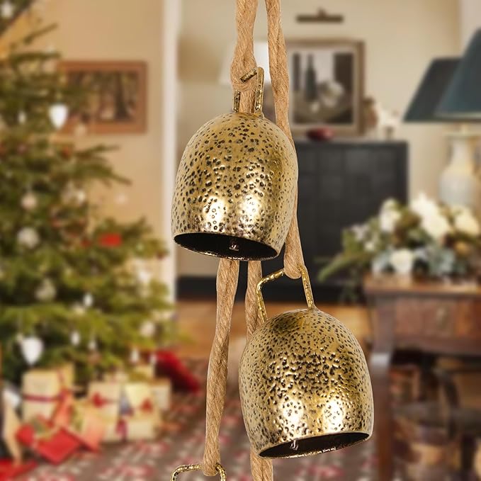 Styleonme Decorative Bells, Christmas Decor, Huangma Hanging Rope Metal Decorative Bull Bells, 4-Piece Set of Harmonious Bells, Vintage Handmade Rustic Lucky Christmas Cow Bells