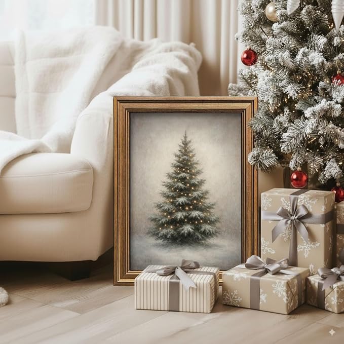 Gold Framed Vintage Christmas Tree Canvas Wall Art Farmhouse Rustic Pine Tree Winter Print Botanical Holiday Decor for Living Room Bedroom Entryway (Vintage Christmas Tree, 20L" x 16W")