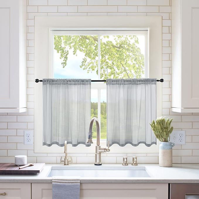 MIULEE 2 Panels Kitchen Tiers Half Window Sheer Curtains Rod Pocket Translucent Voile Drapes for Kitchen Bathroom Small Windows 29 by 24 Inch Dark Grey
