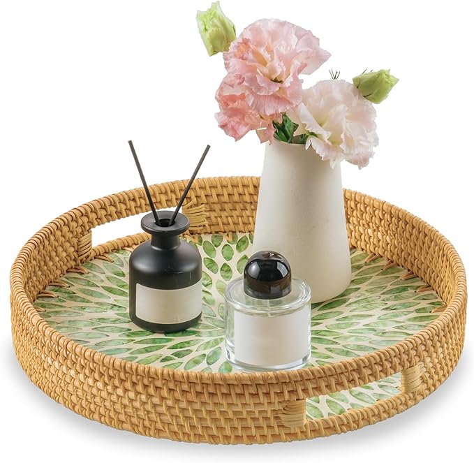 13.8 in Round Rattan Serving Tray with Handle, Mother of Pearl Inlay Wooden Base, Decorative Wicker for Table, Kitchen Island & Home Decor (Green Leaf)