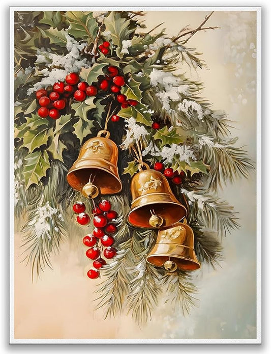 Winter Jingle Bells Christmas Wall Art Christmas Canvas Prints Posters Holiday Decor Brass Bells Art Holly Neutral Art Winter Country Room Living Room Decor 16x24"Unframed