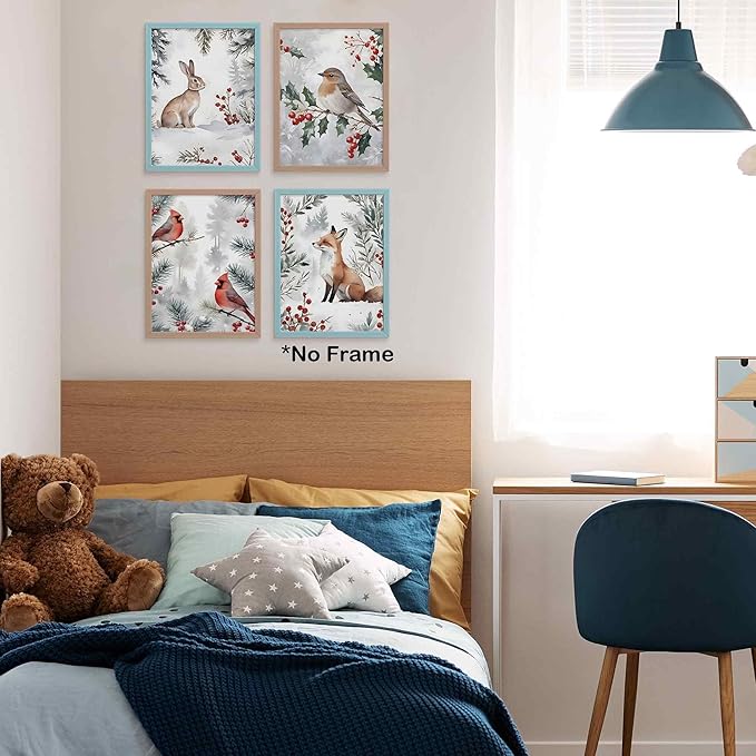 TLESKE Winter Christmas Woodland Animals Posters Prints Unframed Set of 4 for Home Bedroom Living Room Nursery, Snowy Forest Jungle Wall Art Prints Decor, Hare Rabbit Bunny Fox Birds Cardinal Wall Pictures, 12x16