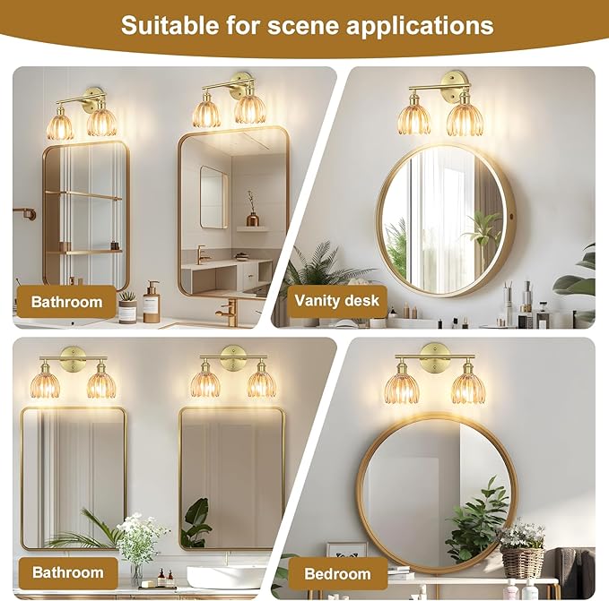 Vintage Bathroom Light Fixtures,2-Light Hardwired Vanity Lights Over Mirror,Gold Wall Sconces with Amber Tulip Glass Shade for Bathroom Living Room,E26 Socket(Bulbs Not Included)