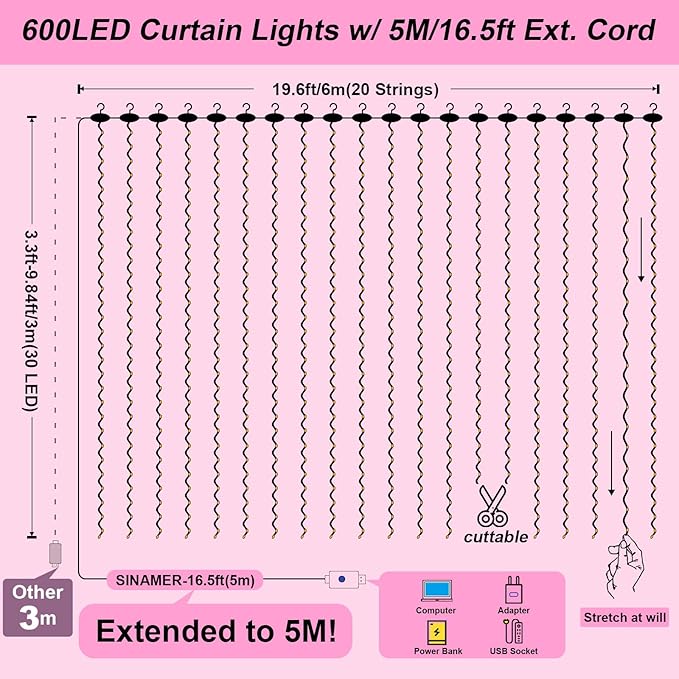 600LED Pink Curtain Lights for Bedroom, 19.6ft x 9.8ft Fairy Curtain String Light with 24 Hooks, 8 Modes Hanging Lights for Wedding, Party, Backdrop, Window, Xmas Decor