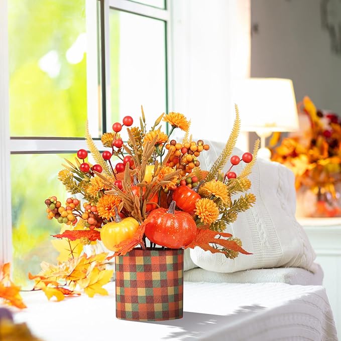 Super Holiday Fall Decor, 12" Artificial Orange Pumpkin Berry Maple Tree Halloween Thanksgiving Table Centerpieces Decorations, for Home Farmhouse Autumn Harvest Holiday Party Decor.