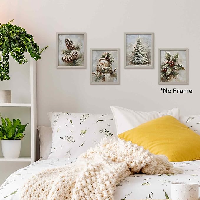 TLESKE Vintage Winter Christmas Posters Prints Unframed Set of 4, Pine Cones Snowman Cardinal Wall Art Prints Decor for Living Room Bedroom, Rustic Pine Tree Holly Berries Wall Pictures, 8x10 Inches