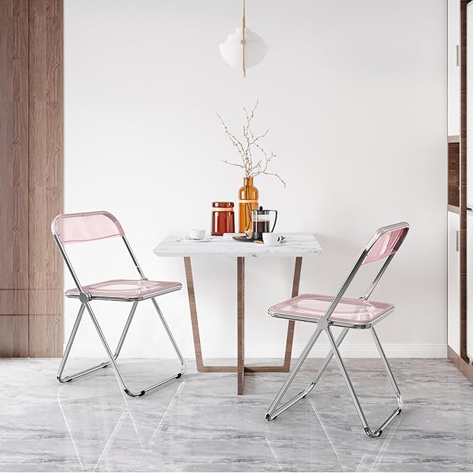 VINGLI Acrylic Folding Chairs 4 Pack, Clear Chair Foldable and Stackable, Plastic Panel & Metal Chrome Frame, Weight Capacity 350 lbs, Pink