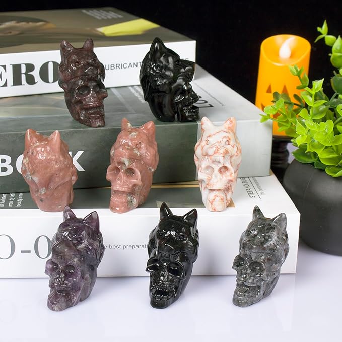 2.17 Inch Crystal Skull with Wolf Head Figurine Decor, Garnet Skull with Wolf Head Statue Decor for Home Office Desk, Hand Carved Healing Crystal Animal Statues Gifts for Women Men