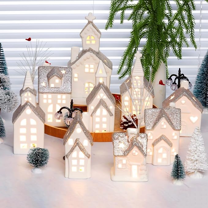 Set of 28 Ceramic Christmas Village Sets 9 Pieces White House with 17 Pieces Snow Tree 2 Lamp Vintage Christmas Decoration for Mantle Table Top Decor (Classic)
