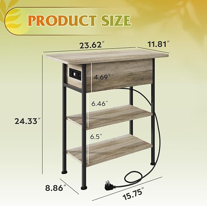 WLIVE End Table with Charging Station, Flip Top Side Table with Storage Shelf, Sofa Couch Table with USB Ports and Outlets, Narrow Bedside Table for Living Room, Bedroom ,11.81"D x 23.62"W x 24.33"H