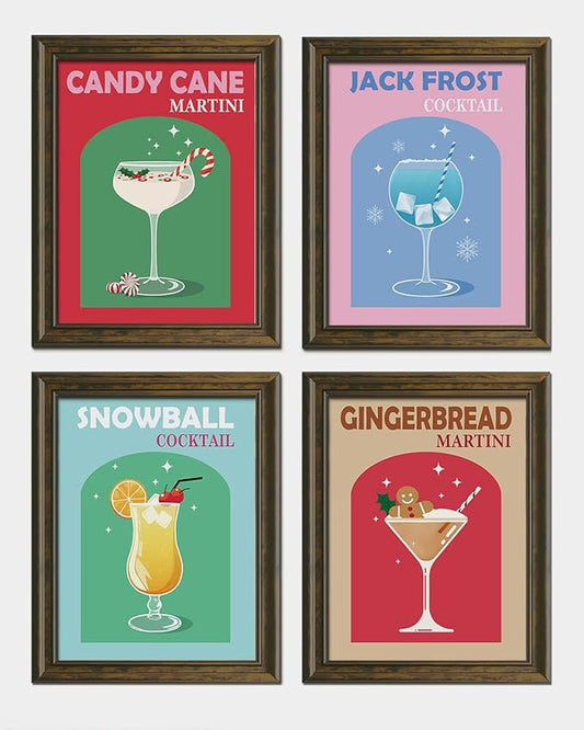 Wheatwin Retro Cocktail Christmas Wall Art Prints Set of 4, Funny Gingerbread Alcoho Wine Glass Print Cute Preppy Posters Aesthetic, Dorm Bar Party Kitchen Decor, 12x16 (Unframed)