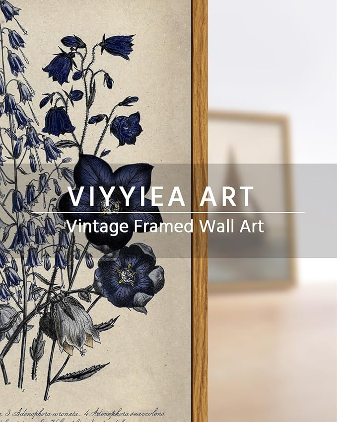 VIYYIEA Vintage Framed Botanical Wall Art Decor, Living Room Bedroom Blue Campanula Pictures Retro Wall Decor, Framed Canvas Prints Artwork, Farmhouse Flower Paintings,8x10 Inch