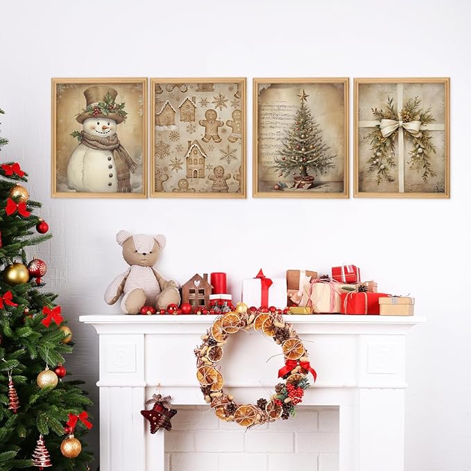 Wheatwin Vintage Christmas Wall Decor, Christmas Tree Snowman Wall Art Prints Set of 4, Boho Merry Christmas Wall Decor for Home Bedroom Living Room Office, 8x10 (Unframed)