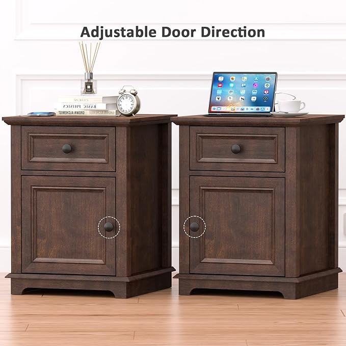 24" Tall End Table with Fast Charging Station, Square Side Table with Drawer & Large Storage Cabinet, Vintage Wooden Table for Living Room/Bedroom, Cherry
