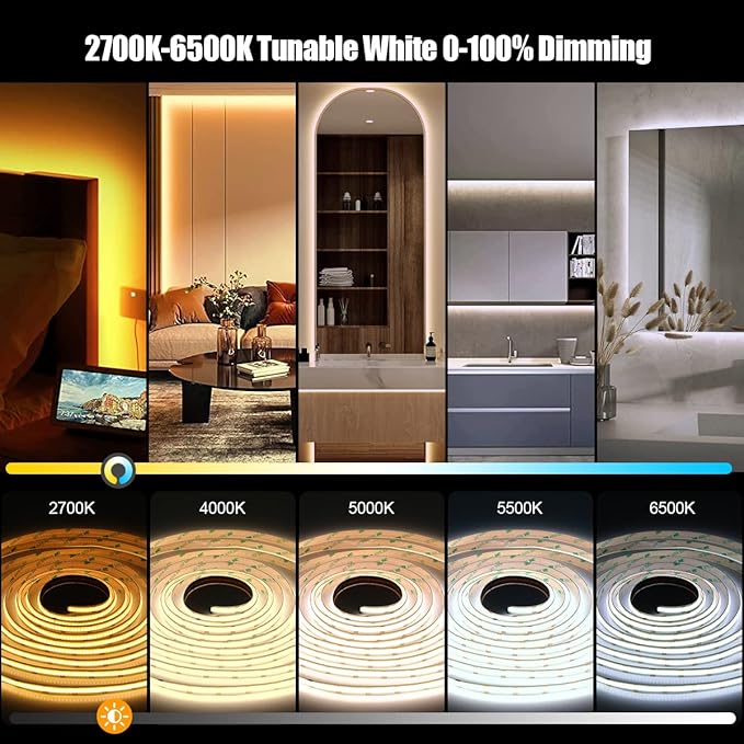 COB LED Strip Light Warm White to Cool 2700K-6500K, 16.4ft Bright White COB Light Strip with Remote & App, 24V UL Listed 3200LEDs COB Led Lights for Under Cabinet, Kitchen, Indoor Lighting