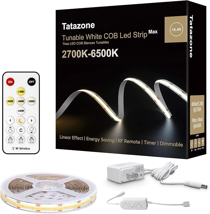 6.56ft Tunable White COB Led Strip Light with RF Remote, Dimmable CCT 2700K-6500K COB Led Tape Lights, Adhesive High Density Led Light Strip for Bedroom, Kitchen, Cabinet