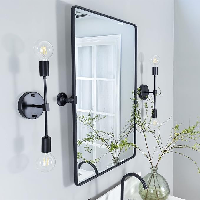 TEHOME Matt Black Pivot Rectangle Bathroom Vanity Mirrror Farmhouse Tiltable Rounded Metal Framed Pivoting Bathroom Mirror with Beveled Mirrror, Overall 27 x 35 inches (Mirrror 23 x 35 inches)
