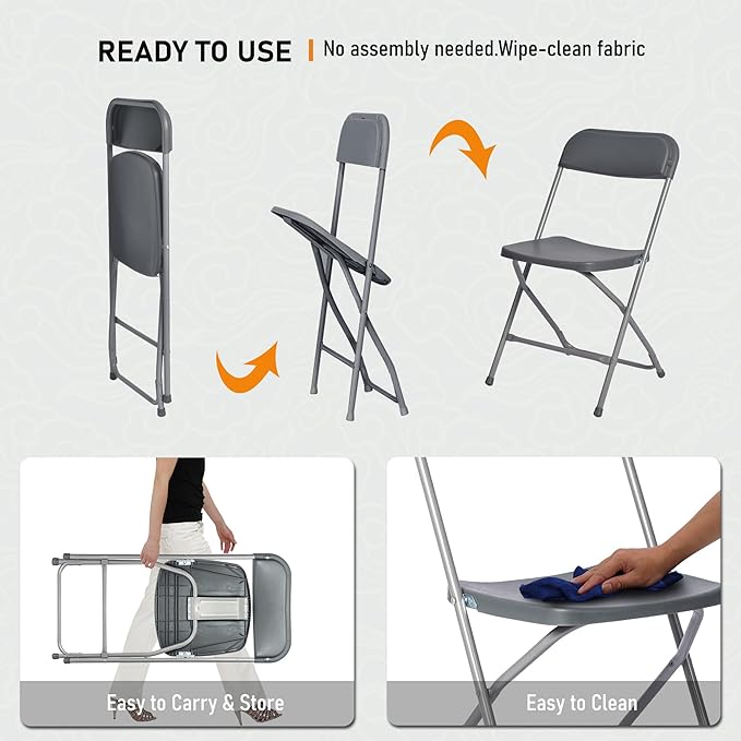 SEALAMB 6 Pack Gray Plastic Folding Chairs for Indoor Outdoor, Portable Commercial Seat with Steel Frame for Home Office Wedding Party Events, 350lb Capacity (Gray-Plastic, 6 Pack)