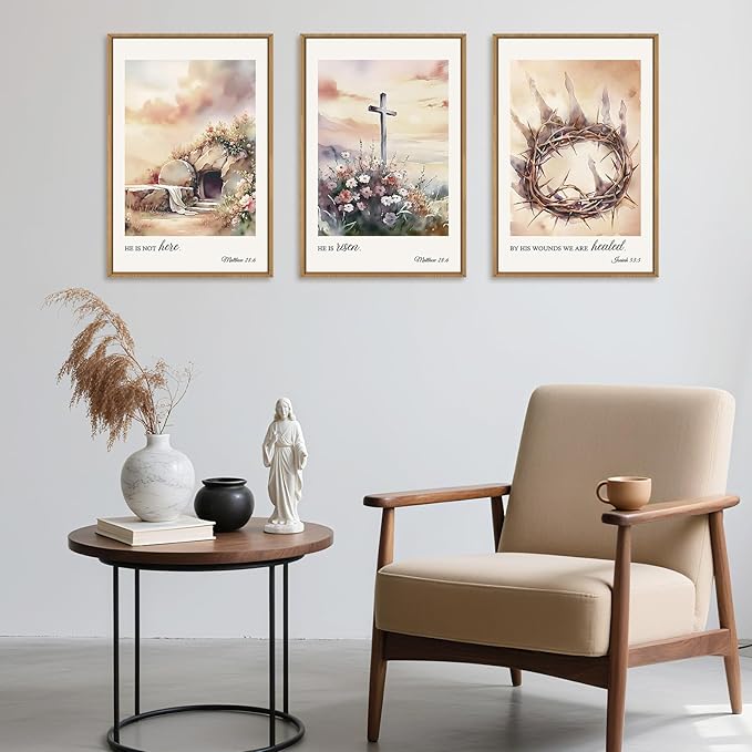 3 Pcs Christian Cross Framed Wall Art Set, Jesus Empty Tomb Canvas Decor, Christian Religious Bible Painting, Jesus Crucifixion Risen Easter Print for Living Room, Bedroom, Church 16X24inch