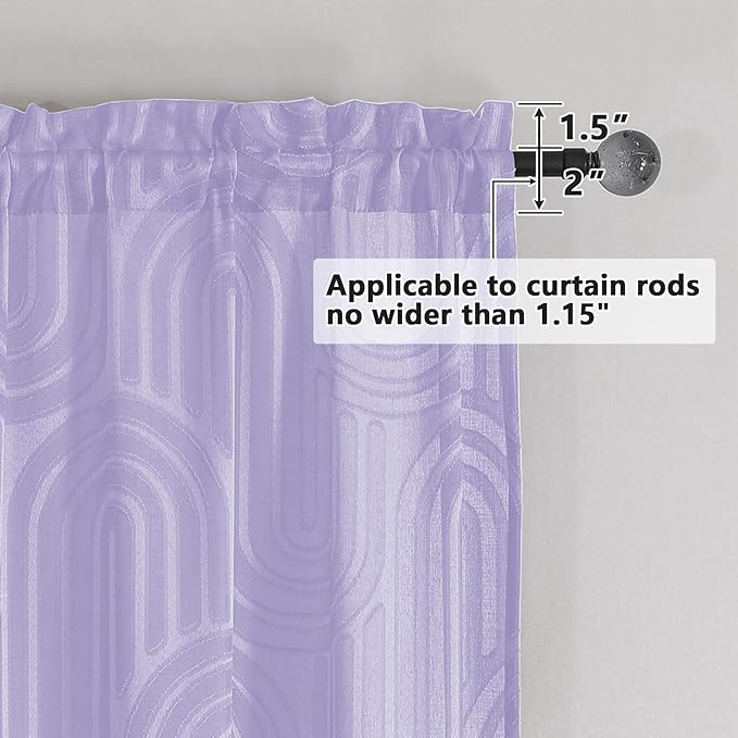Simplebrand Lavender Sheer Curtains 54 Inch Length 2 Panels, Geometric Mid Century Jacquard Clip Textured Short Curtains Sheer for Bedroom, Light Filtering Rod Pocket Window Curtains, 42Wx54L Inches