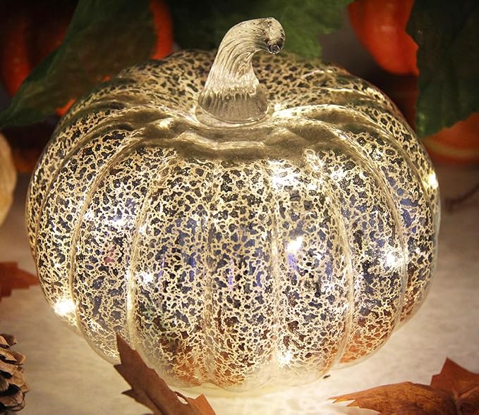 Mercury Glass Pumpkin Light with Timer, with 10 Fairy Lights Inside,Battery Operated Led Pumpkin Light,Ideal for Halloween Fall Decoration, Thanksgiving Rustic Decor, Xmas Decor (Silver)