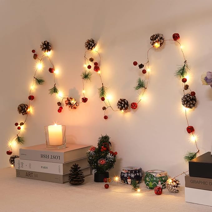 10FT Enchanting Christmas Garland with 30 LED Lights Battery Operated-Realistic Red Berries & Pine Cones Decor for Tree,Fireplace Mantel,Indoor Holiday Home Decor (10Ft)