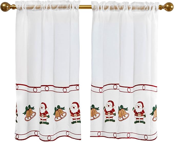 Deconovo Christmas Kitchen Tier Curtains, Embroidered Cafe Tiers, Semi Sheer Window Treatment with Rod Pocket, Light Filtering for Small Windows, Door & Sink Areas, 28W x 30L, Santa Claus, 2 Panels
