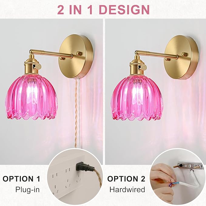Plug in Wall Sconce, Vintage Sconce Light with Tulip Ruby Red Glass Lampshade, 180° Adjustable Wall Sconce with Switch and Plug in Wall Lamp Cord, Gold Wall Light for Bedroom Bedside