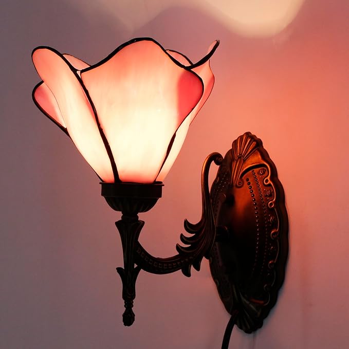 Tiffany Wall Sconce Lamp Blue Stained Glass Flower Style 8X10.5X11 Inch Plug in Wall Bedside Light for Hallway Bedroom (Pink Flower Style)