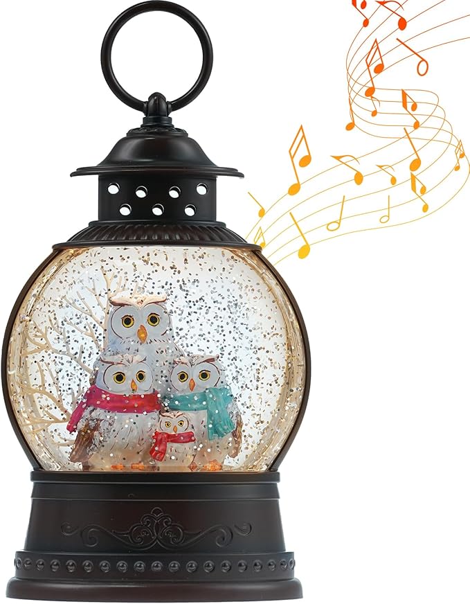 Christmas Owl Family Snow Globe Musical Snow Globes Light up Swirling Glitter Snow Globe Lantern with Timer, Owl Collectible Figurines Lighted Christmas Home Decor USB Powered & Battery Operated