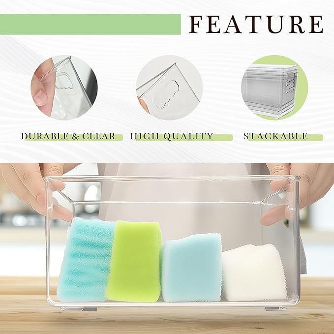 4 Pack Plastic Storage Bins, Clear Refrigerator Drawer Organizer Containers with Handles, Stackable Pantry Organization Boxes for Home Kitchen Fridge Freezer Cabinet Bathroom