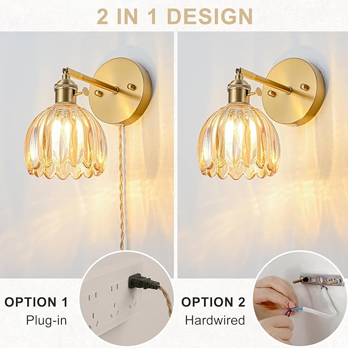 Plug in Wall Sconce, Vintage Sconce Light with Tulip Amber Glass Lampshade, 180° Adjustable Wall Sconce with Switch and Plug in Wall Lamp Cord, Gold Wall Light for Bedroom Bedside