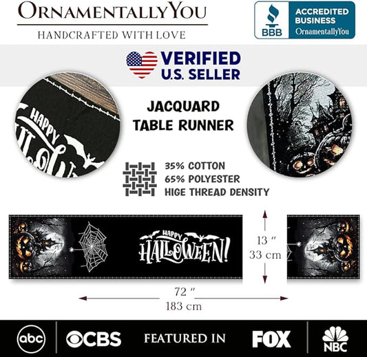 Timeless Table Runner with Elegant Designs for Every Occasion (Haunted Horrors 72" Table Runner, Jacquard Halloween Home Black Tablecloth Decoration with Pumpkins and Spiderwebs)