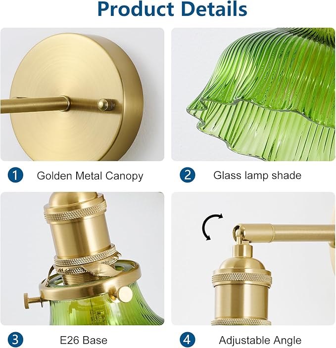 Vintage Wall Sconce 1 Pack, Flower Green Glass Shade Gold Wall Lamp with 12.6 Inch Cable Switch, Modern Bathroom Wall Sconces for Bedroom Corner Hallway