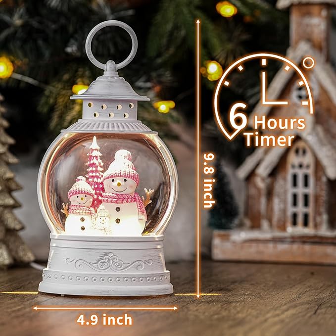 Christmas Snow Globes, Pink Snowman Family Musical Snow Globe Lantern with Timer, USB or Battery Operated, Lighted Christmas Home Decorations Indoor