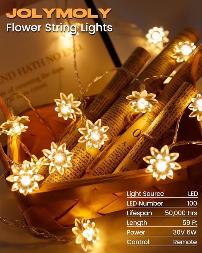 59 Ft 100 LED Flower Fairy Lights with Remote Timer, Plug in Connectable Twinkle Lights with Soft Flowers for Bedroom Wedding Dorm Indoor Outdoor Decor, Warm White
