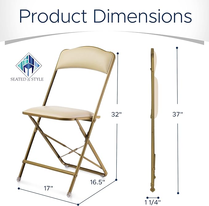 Folding Chairs with Padded Seats 4 Pack - Foldable Chair with Heavy-Duty Steel Frame, Elegant Bridge Chairs for Outside, Home, Office, Indoor & Outdoor Events - Gold/Almond