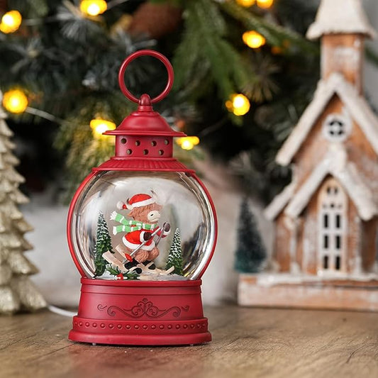 Christmas Snow Globes Skiing Yak Christmas Tree Holiday Music Lantern with Glittering & 6-Hour Timer, USB/Battery Powered Red Holiday Decoration for Desk Display