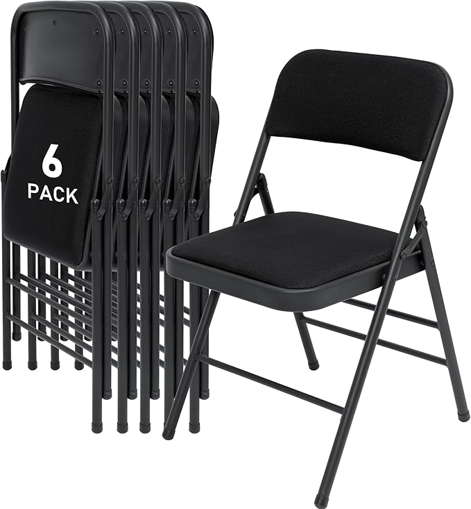 SEALAMB 6 Pack Fabric Folding Chairs with Padded Seats & Cushion, Metal Foldable Chairs for Wedding Party, Commercial Chairs for Office School Church Events, 350lb Capacity (Black-Fabric, 6 Pack)