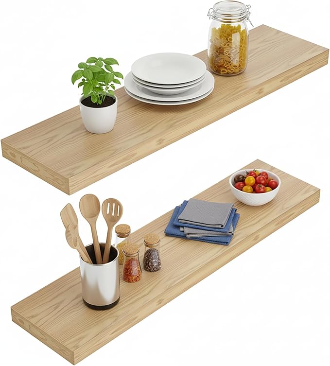 Lufia Floating Wall Shelves, Set of 2, MDF with Invisible Brackets, Modern Storage for Bedroom, Bathroom, Living Room, Kitchen (Oak, 28" W X 7" D X 1.5" H)